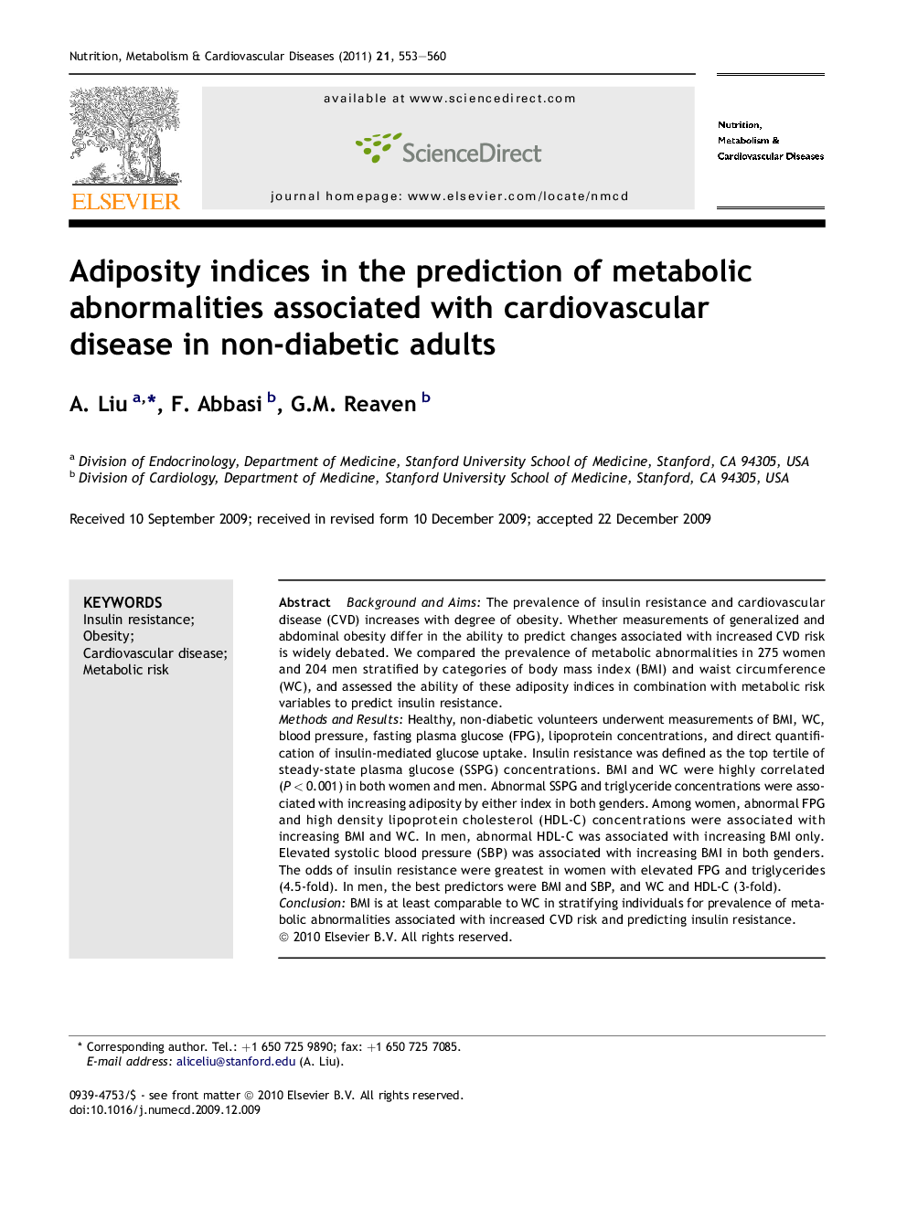 Adiposity indices in the prediction of metabolic abnormalities associated with cardiovascular disease in non-diabetic adults