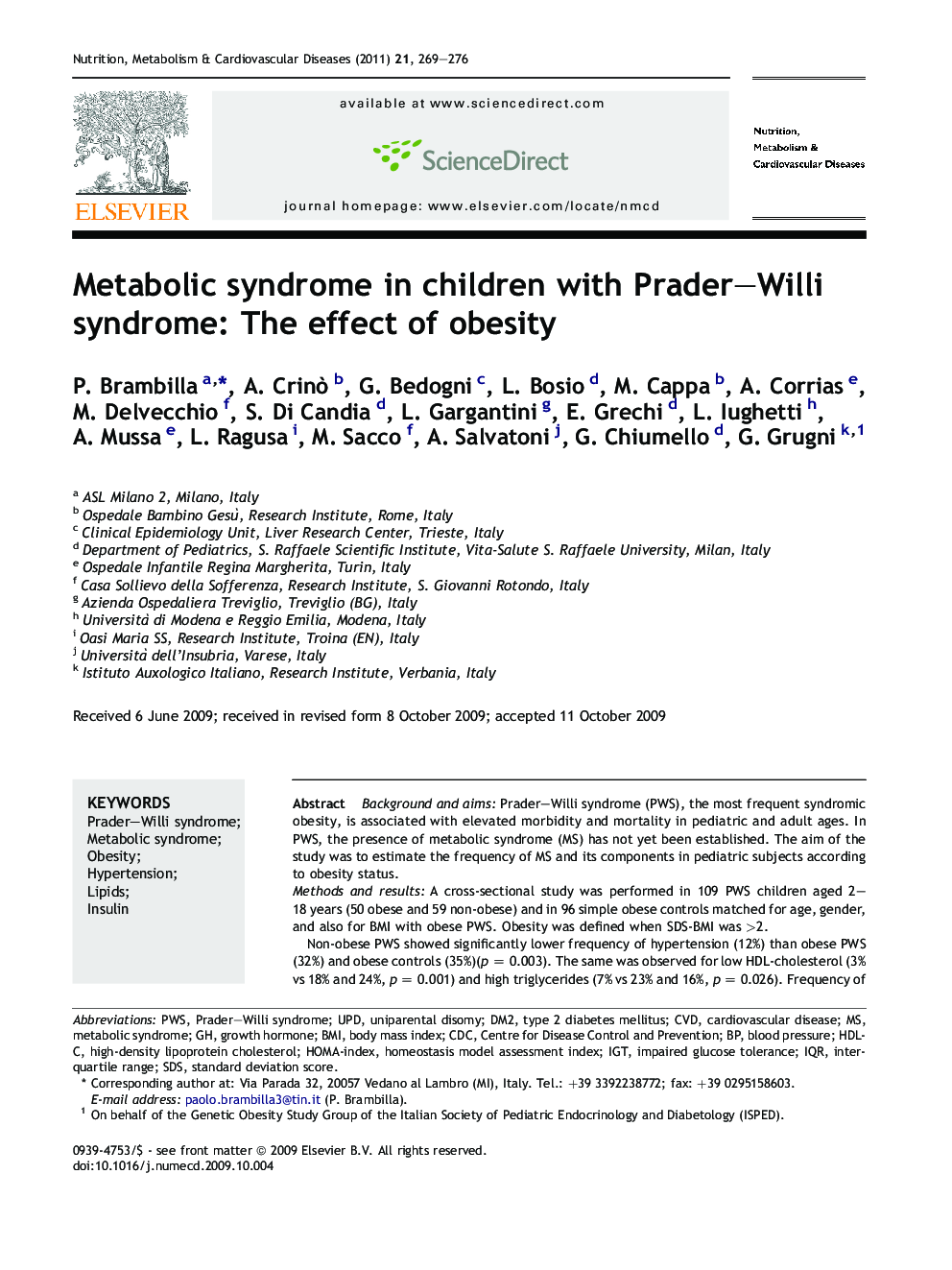 Metabolic syndrome in children with Prader–Willi syndrome: The effect of obesity