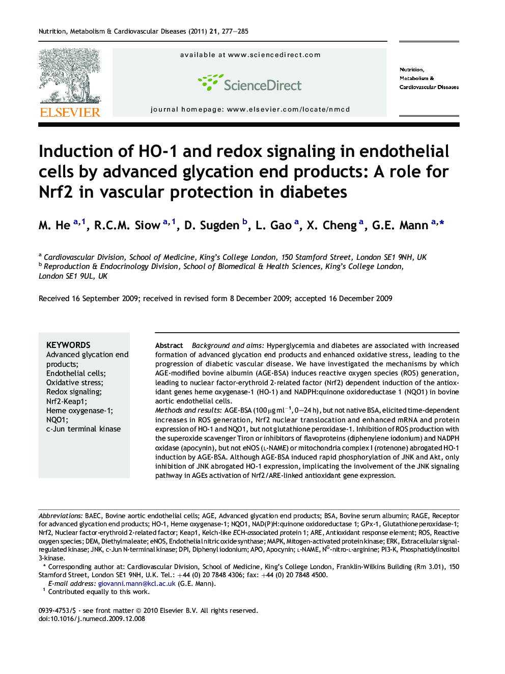 Induction of HO-1 and redox signaling in endothelial cells by advanced glycation end products: A role for Nrf2 in vascular protection in diabetes