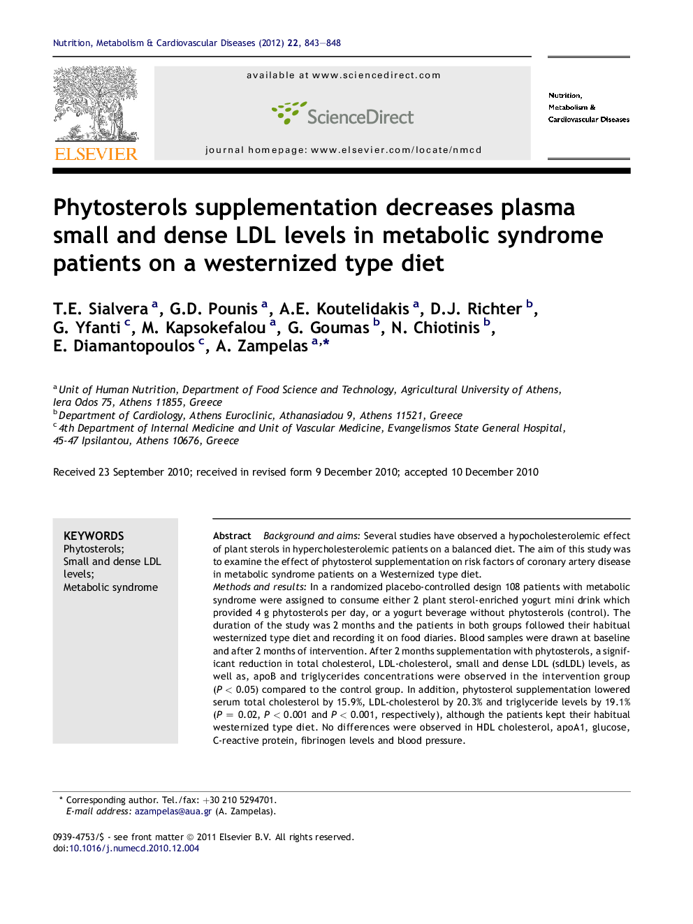 Phytosterols supplementation decreases plasma small and dense LDL levels in metabolic syndrome patients on a westernized type diet