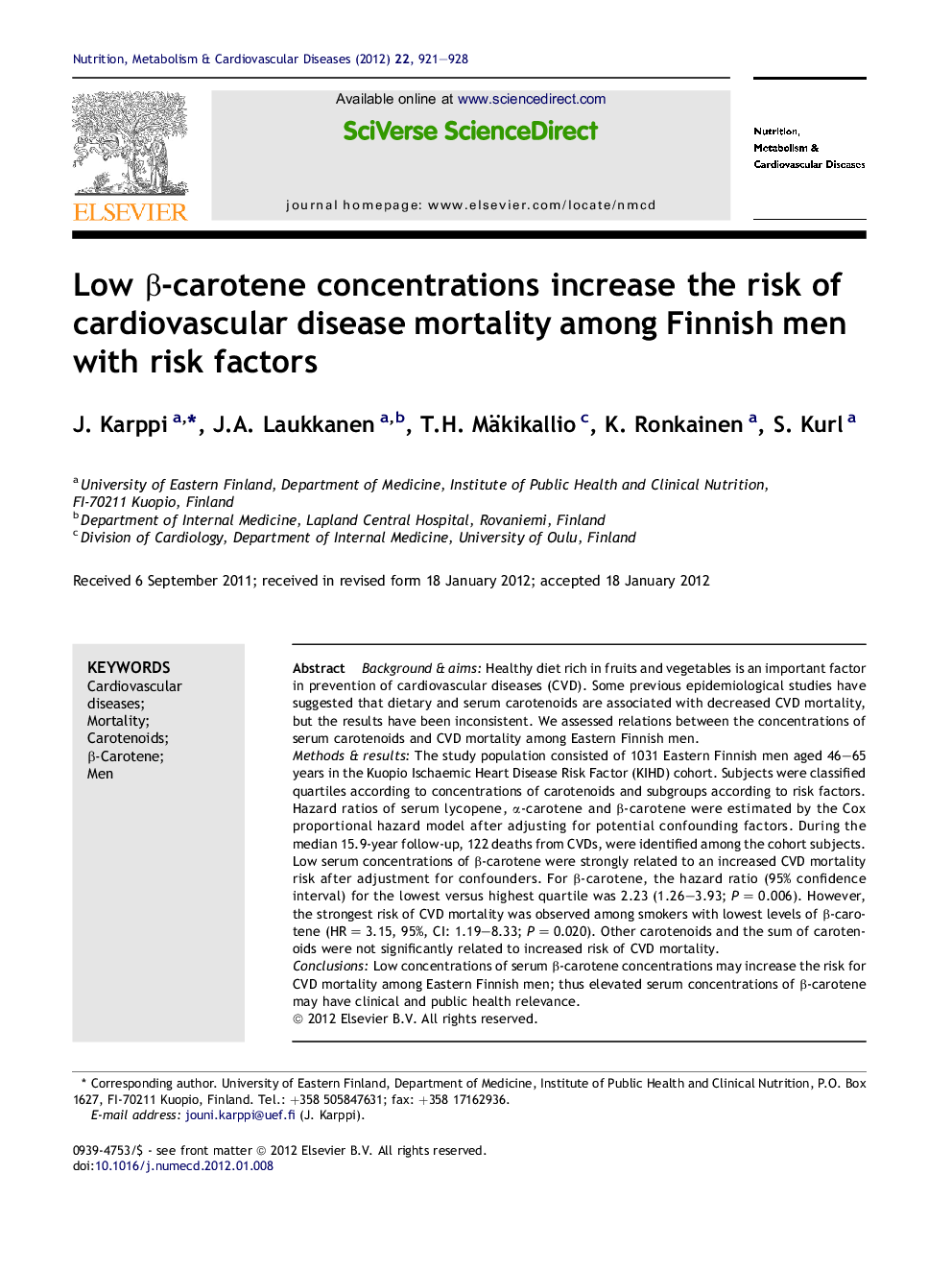 عکس صفحه اول مقاله: Low β-carotene concentrations increase the risk of cardiovascular disease mortality among Finnish men with risk factors Low β-carotene concentrations increase the risk of cardiovascular disease mortality among Finnish men with risk factors