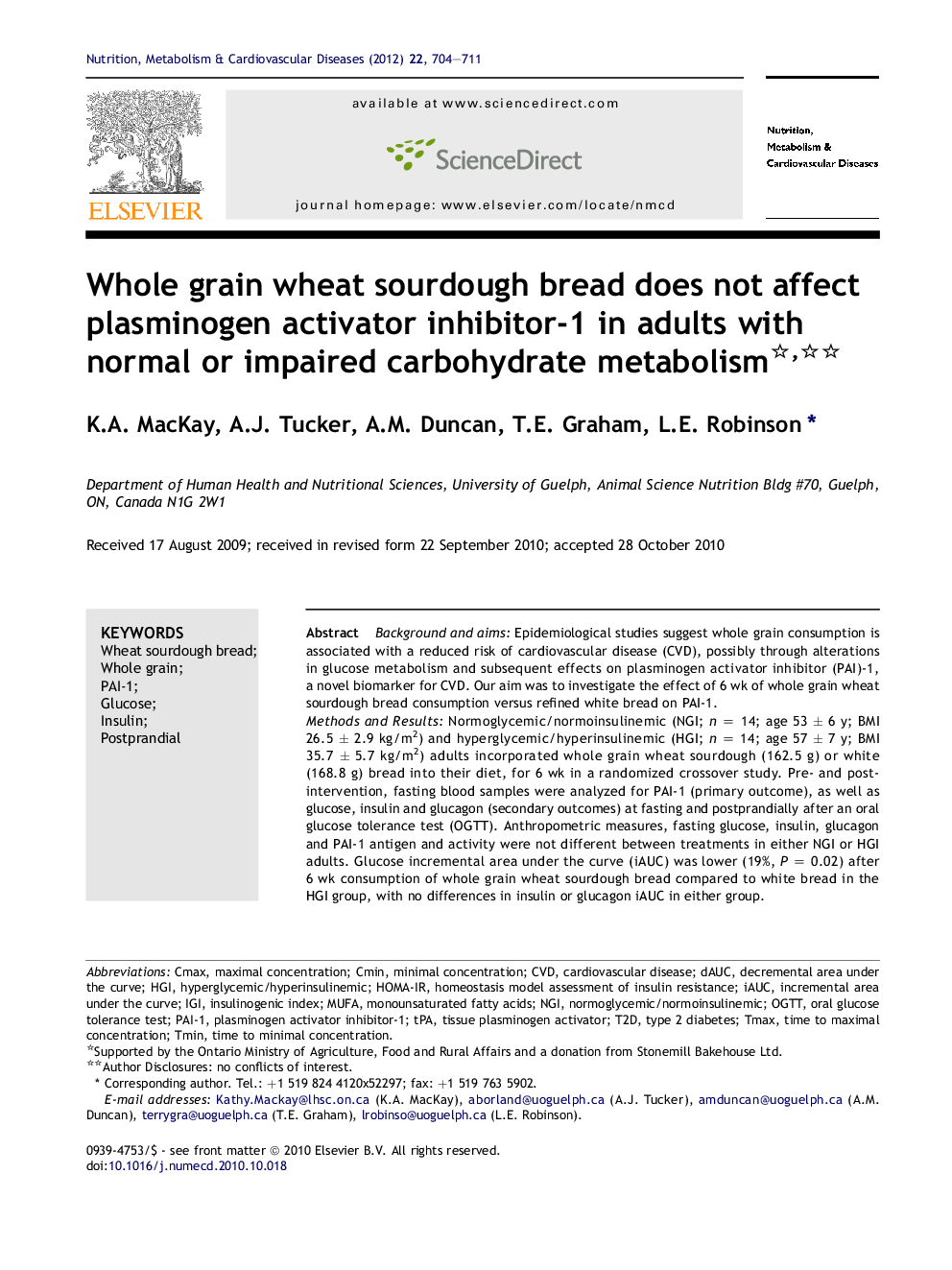 Whole grain wheat sourdough bread does not affect plasminogen activator inhibitor-1 in adults with normal or impaired carbohydrate metabolism 