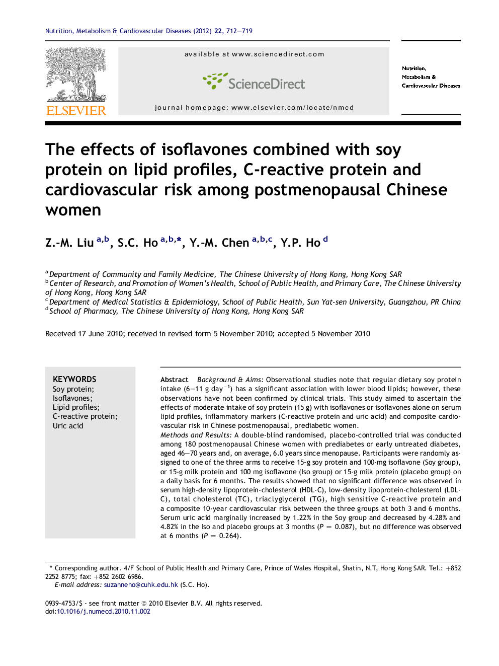 The effects of isoflavones combined with soy protein on lipid profiles, C-reactive protein and cardiovascular risk among postmenopausal Chinese women