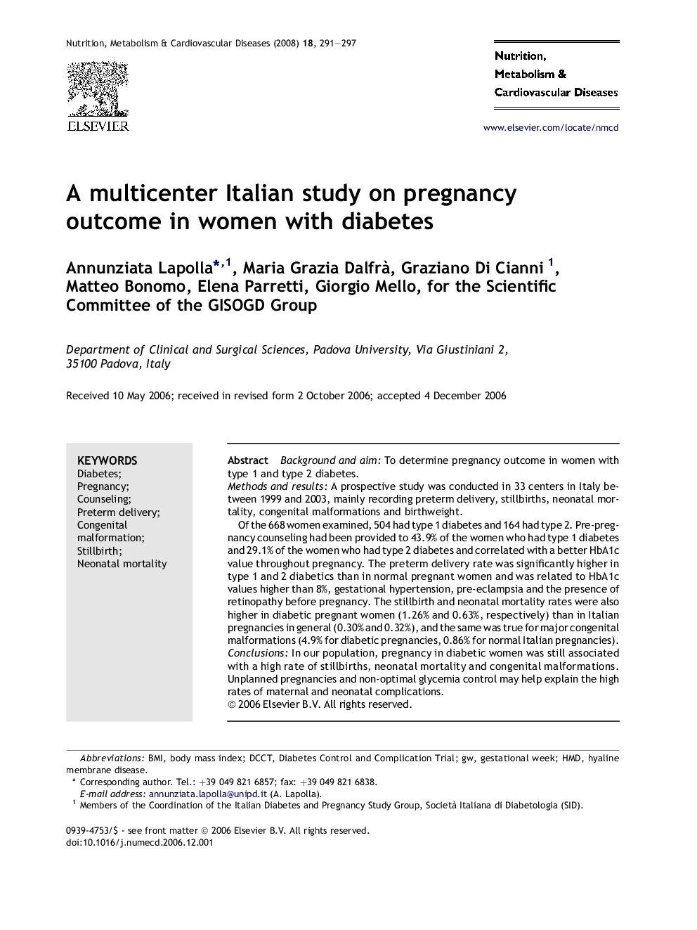 A multicenter Italian study on pregnancy outcome in women with diabetes