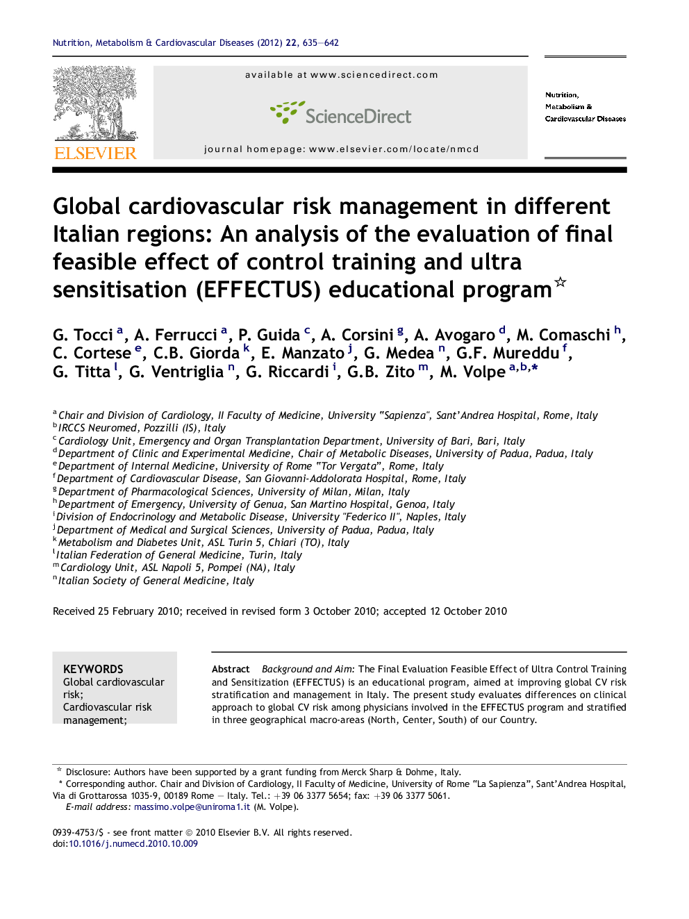 Global cardiovascular risk management in different Italian regions: An analysis of the evaluation of final feasible effect of control training and ultra sensitisation (EFFECTUS) educational program 