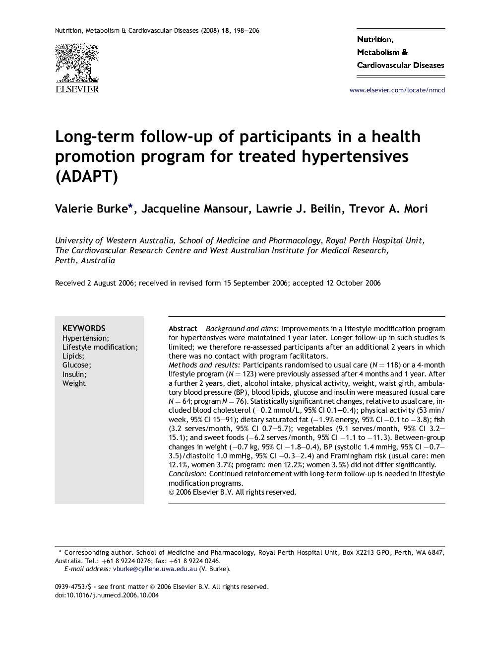 Long-term follow-up of participants in a health promotion program for treated hypertensives (ADAPT)