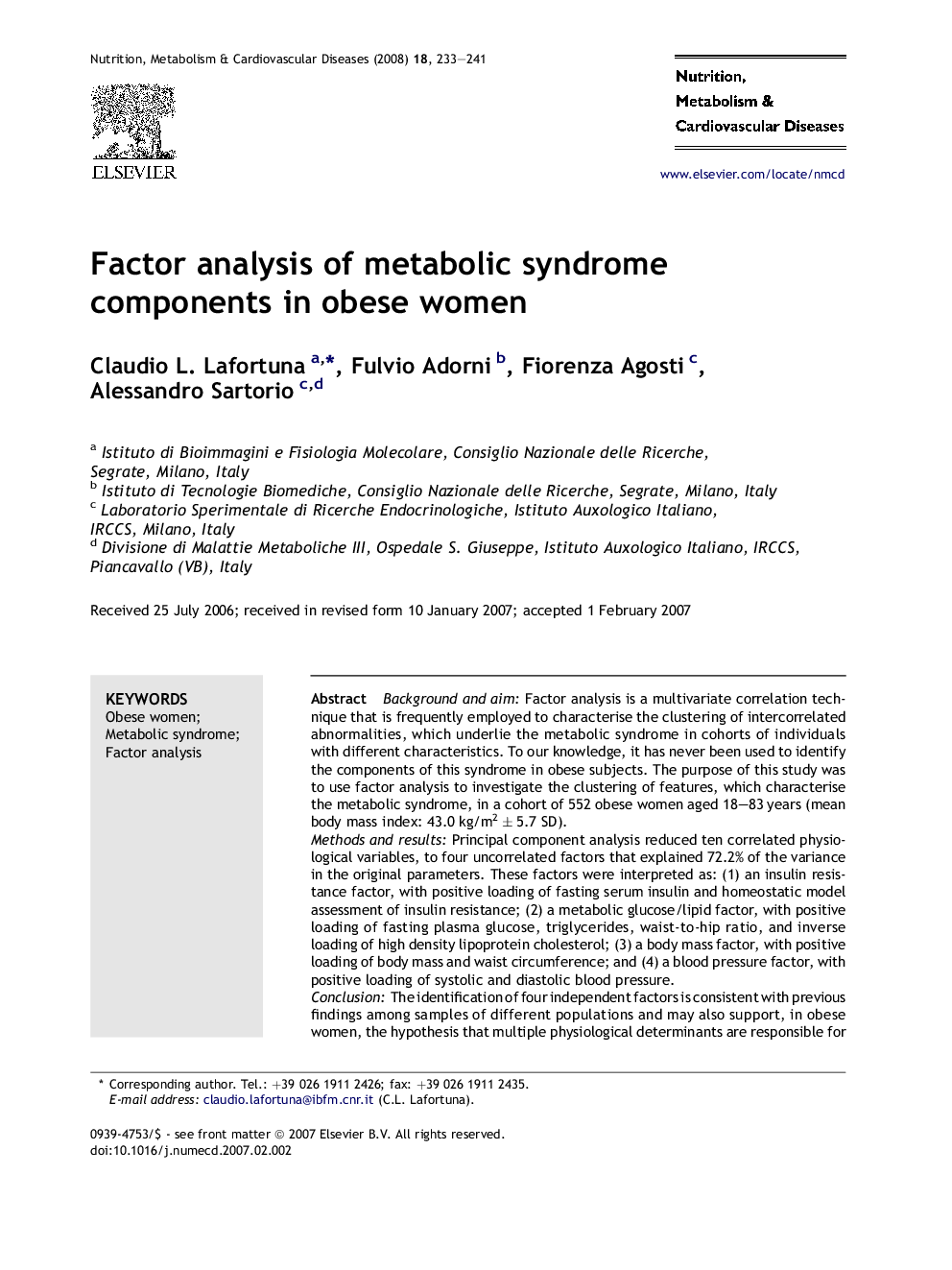 Factor analysis of metabolic syndrome components in obese women