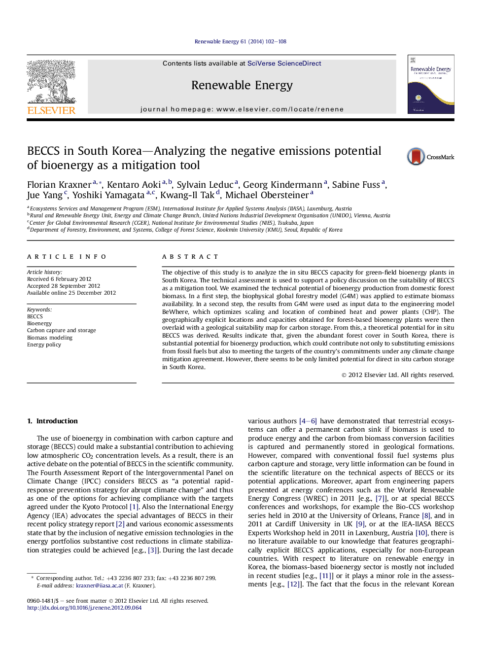عکس صفحه اول مقاله: BECCS in South Korea—Analyzing the negative emissions potential of bioenergy as a mitigation tool BECCS in South Korea—Analyzing the negative emissions potential of bioenergy as a mitigation tool
