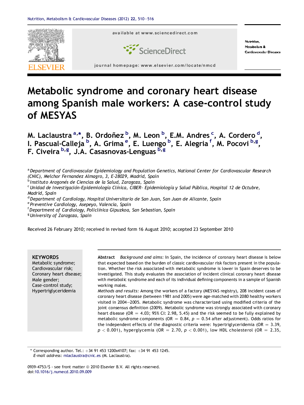 Metabolic syndrome and coronary heart disease among Spanish male workers: A case-control study of MESYAS