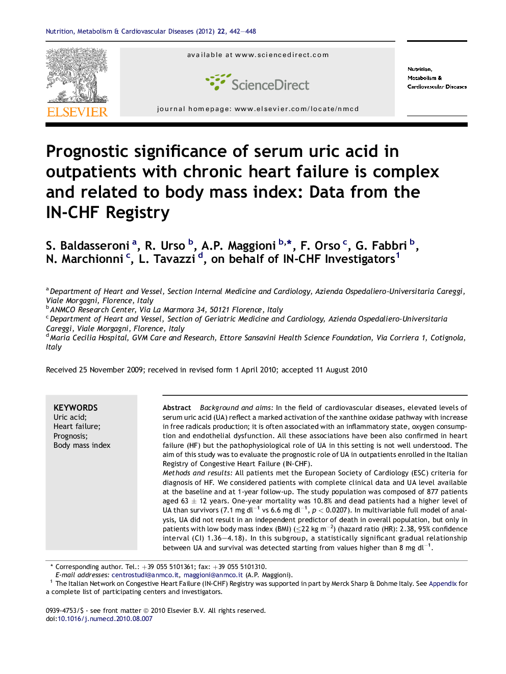 Prognostic significance of serum uric acid in outpatients with chronic heart failure is complex and related to body mass index: Data from the IN-CHF Registry