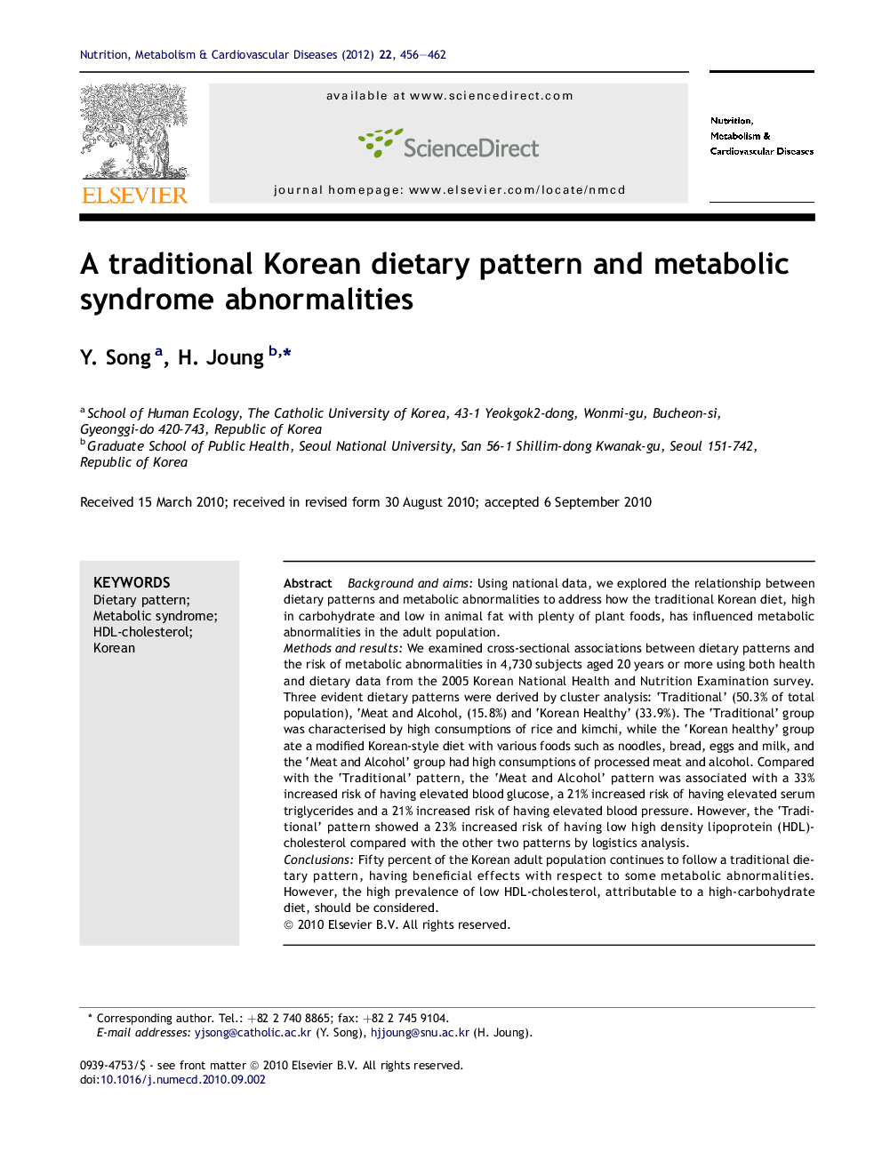 A traditional Korean dietary pattern and metabolic syndrome abnormalities