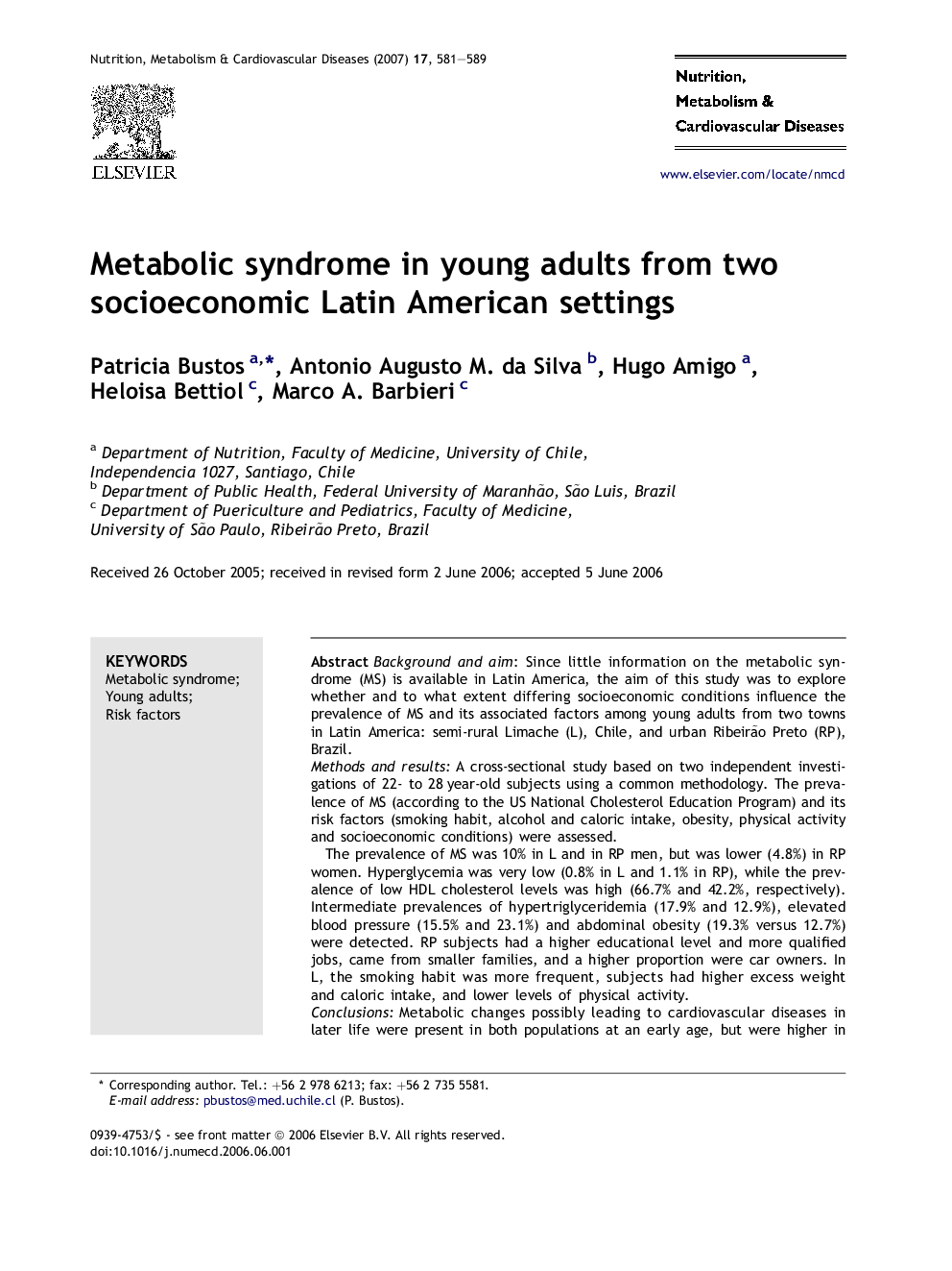 Metabolic syndrome in young adults from two socioeconomic Latin American settings