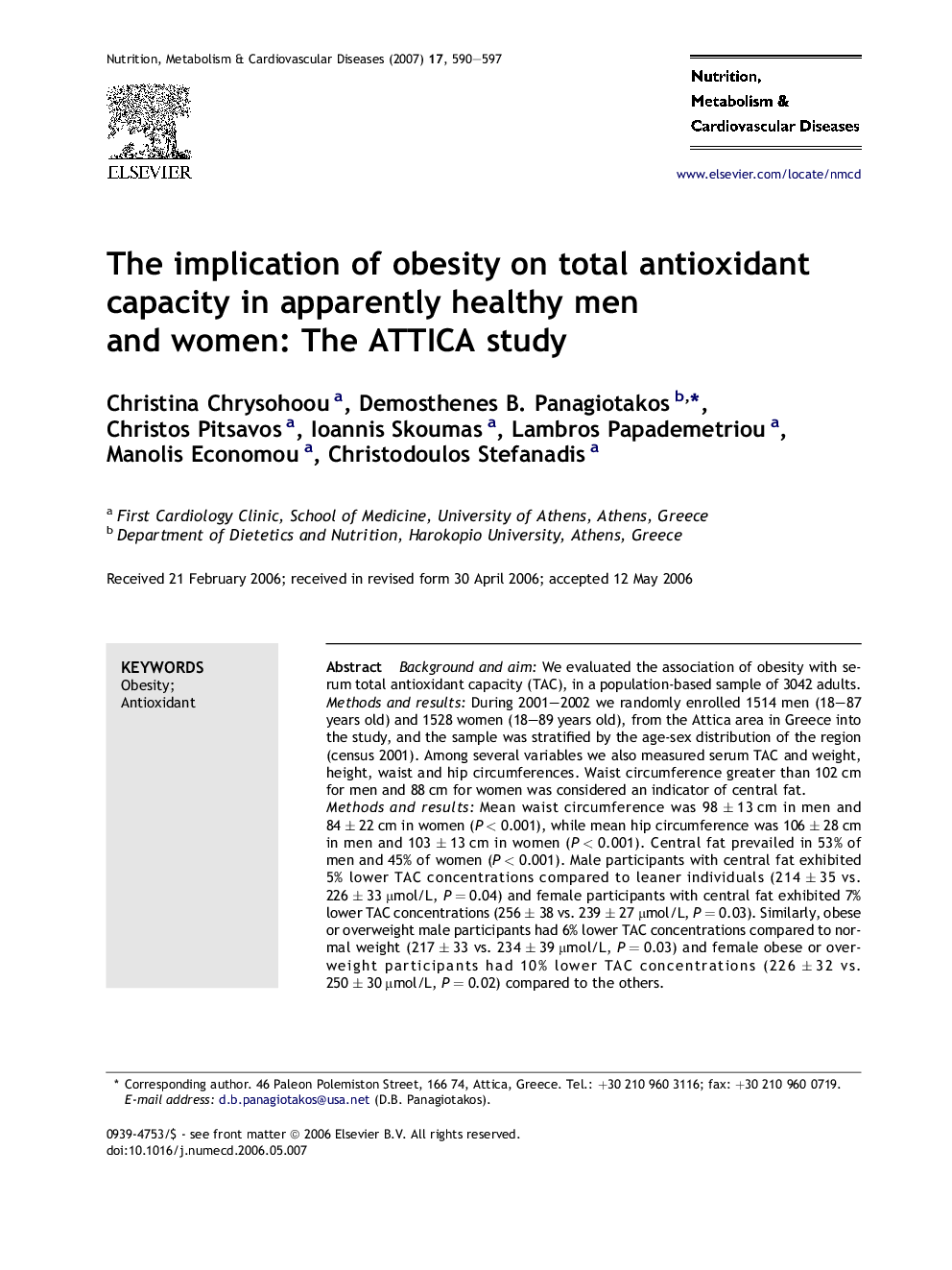 The implication of obesity on total antioxidant capacity in apparently healthy men and women: The ATTICA study
