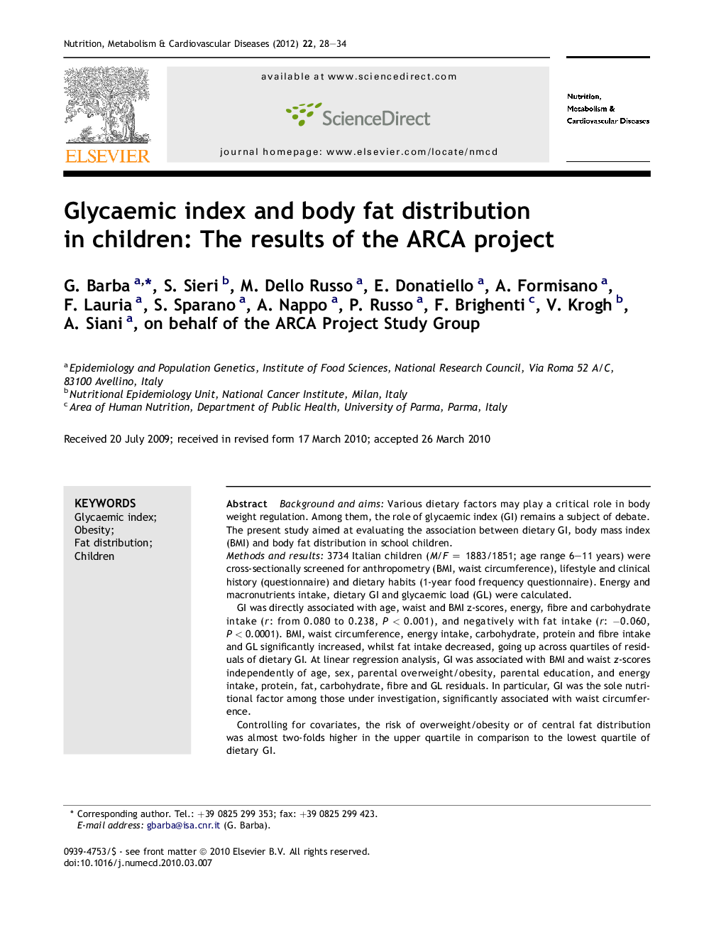 Glycaemic index and body fat distribution in children: The results of the ARCA project