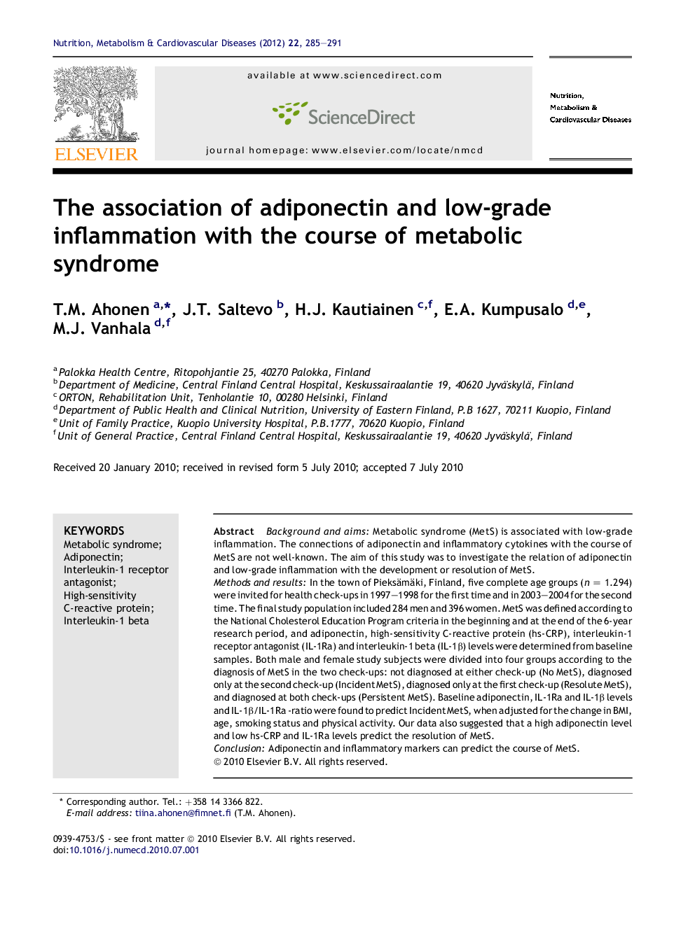 عکس صفحه اول مقاله: The association of adiponectin and low-grade inflammation with the course of metabolic syndrome The association of adiponectin and low-grade inflammation with the course of metabolic syndrome