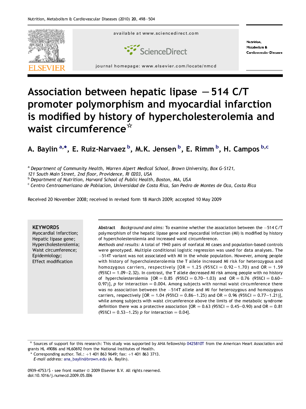 Association between hepatic lipase −514 C/T promoter polymorphism and myocardial infarction is modified by history of hypercholesterolemia and waist circumference 
