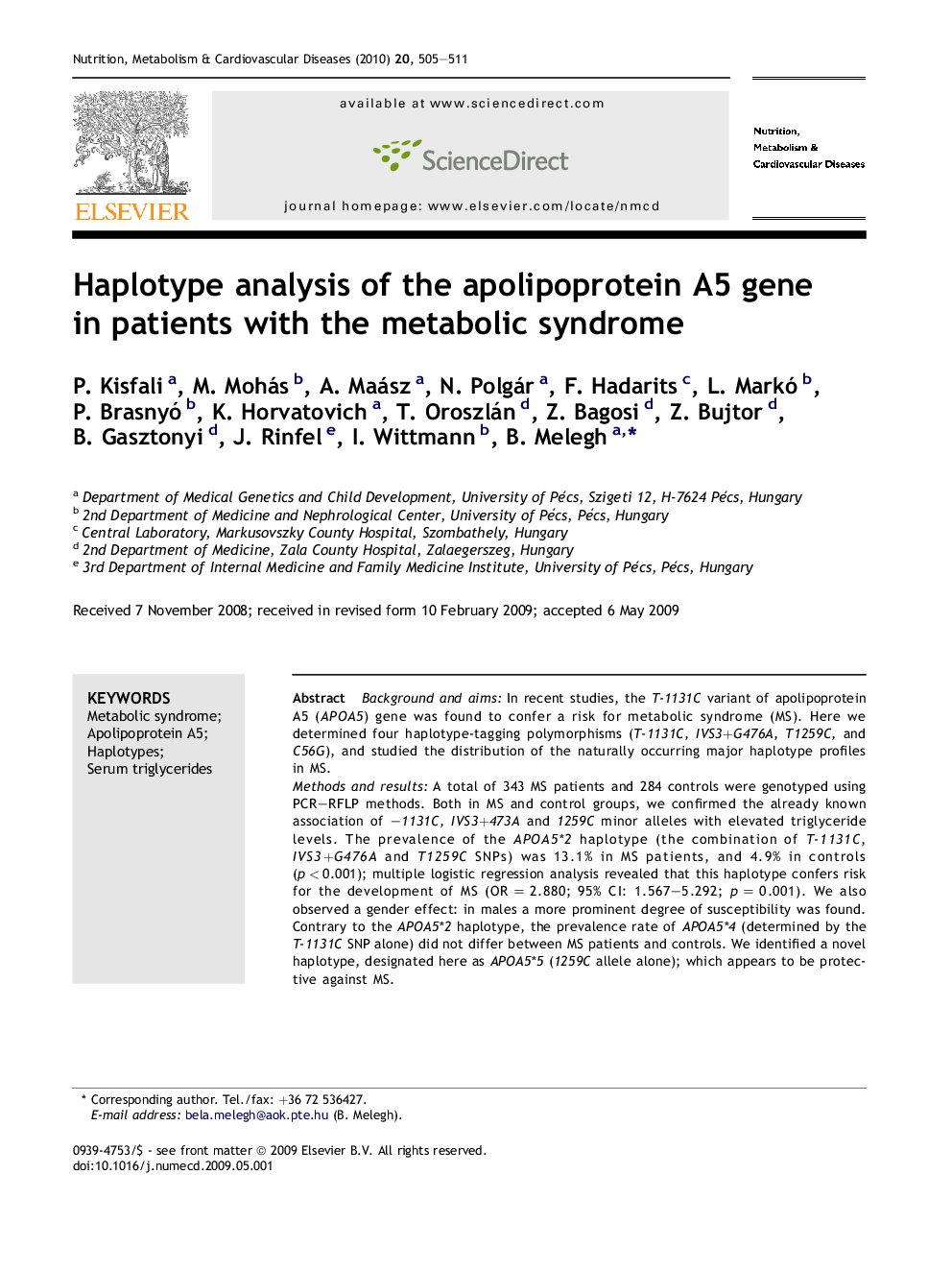 Haplotype analysis of the apolipoprotein A5 gene in patients with the metabolic syndrome