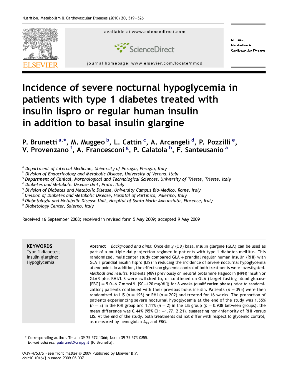 Incidence of severe nocturnal hypoglycemia in patients with type 1 diabetes treated with insulin lispro or regular human insulin in addition to basal insulin glargine