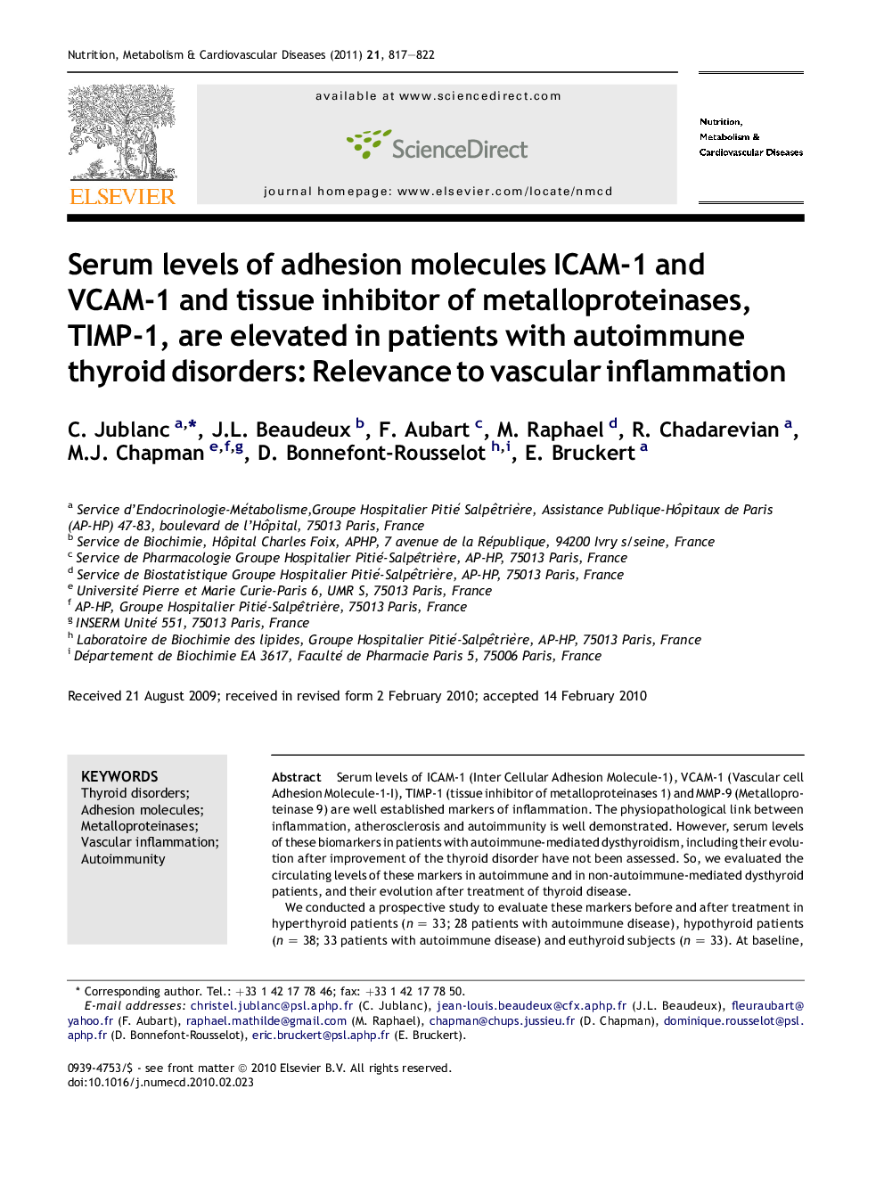 Serum levels of adhesion molecules ICAM-1 and VCAM-1 and tissue inhibitor of metalloproteinases, TIMP-1, are elevated in patients with autoimmune thyroid disorders: Relevance to vascular inflammation