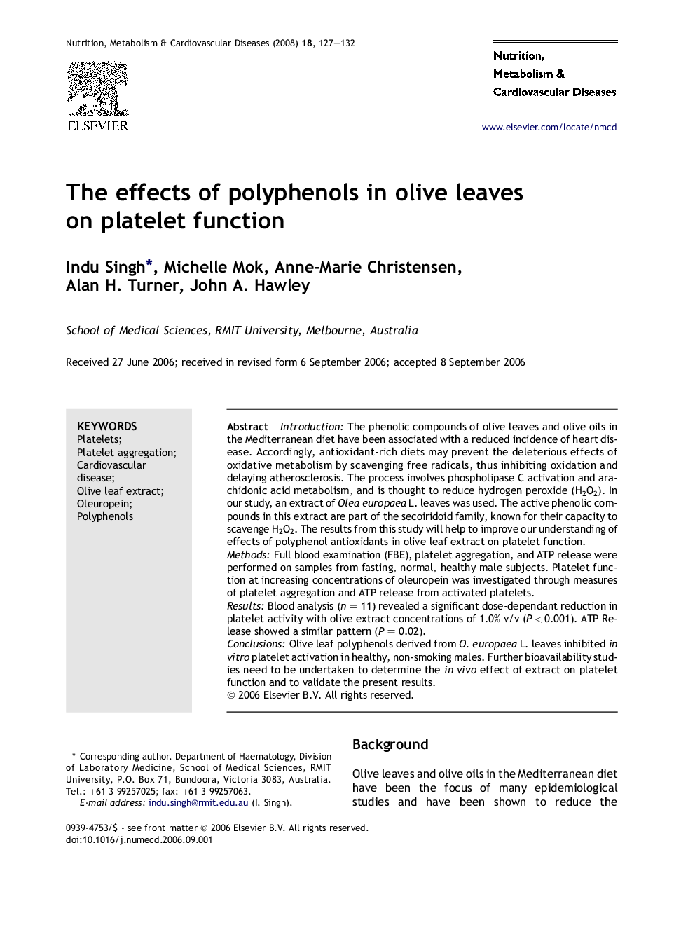 The effects of polyphenols in olive leaves on platelet function