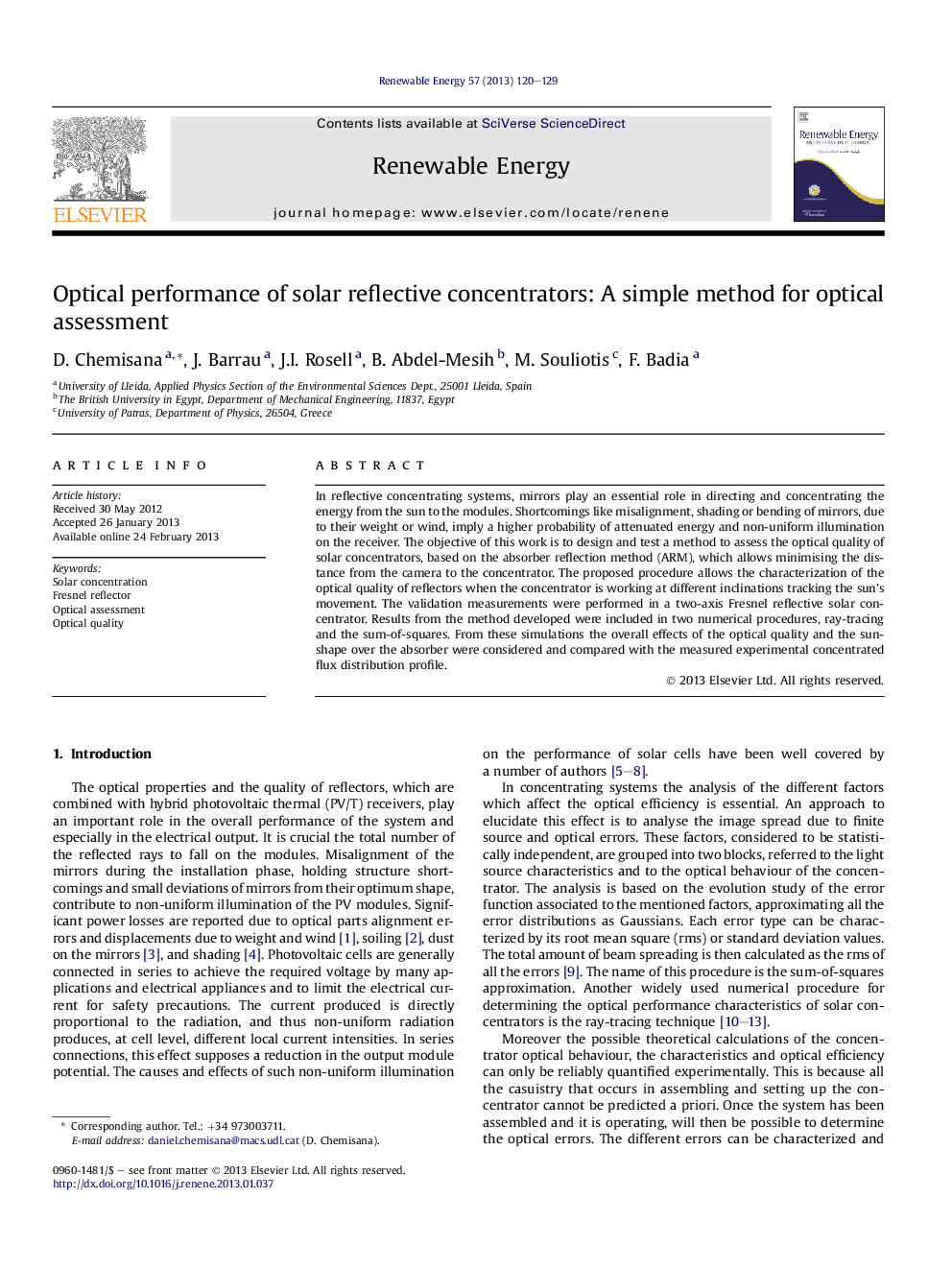 Optical performance of solar reflective concentrators: A simple method for optical assessment