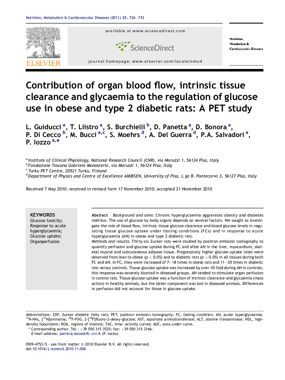 Contribution of organ blood flow, intrinsic tissue clearance and glycaemia to the regulation of glucose use in obese and type 2 diabetic rats: A PET study