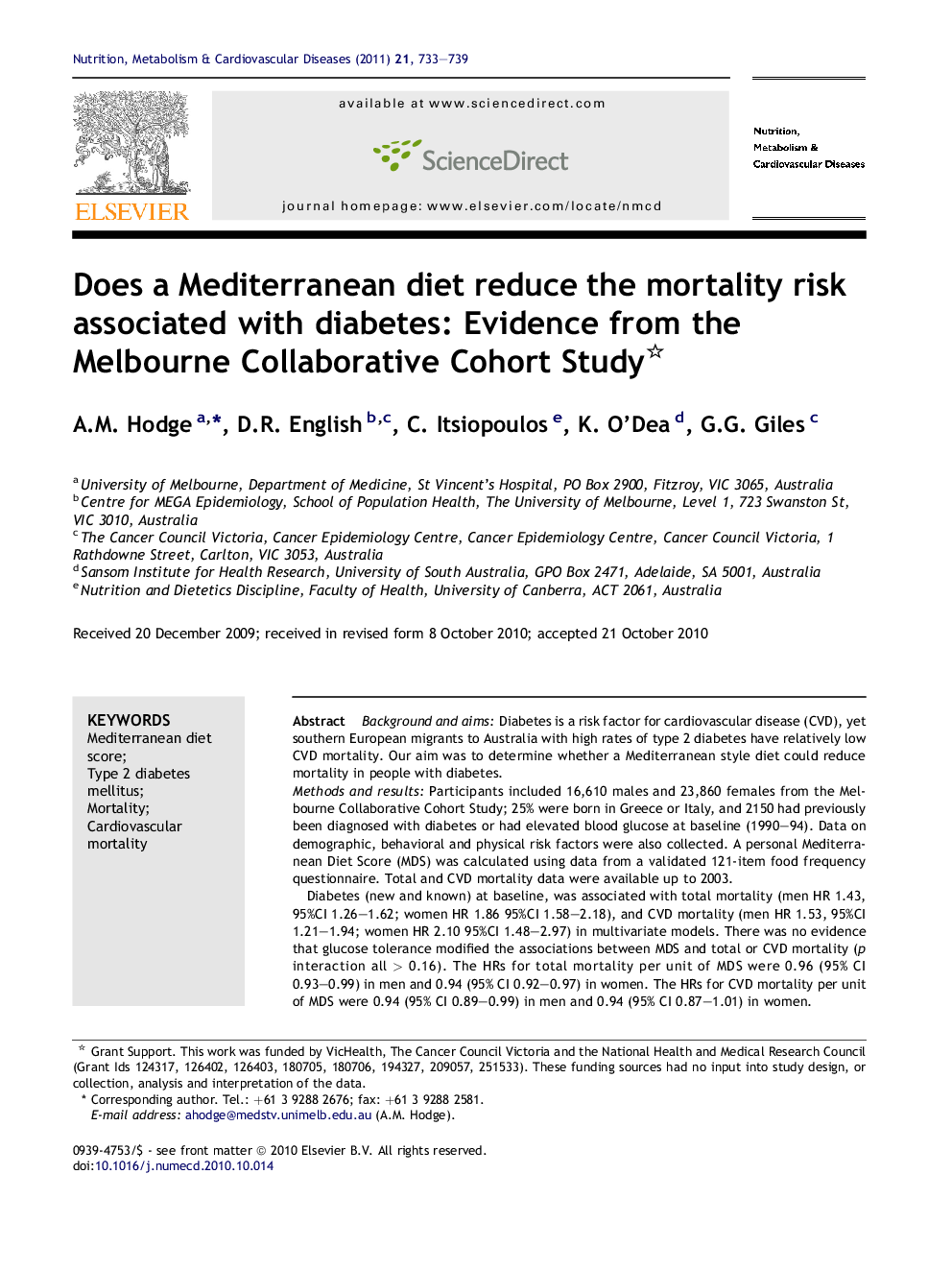 Does a Mediterranean diet reduce the mortality risk associated with diabetes: Evidence from the Melbourne Collaborative Cohort Study 