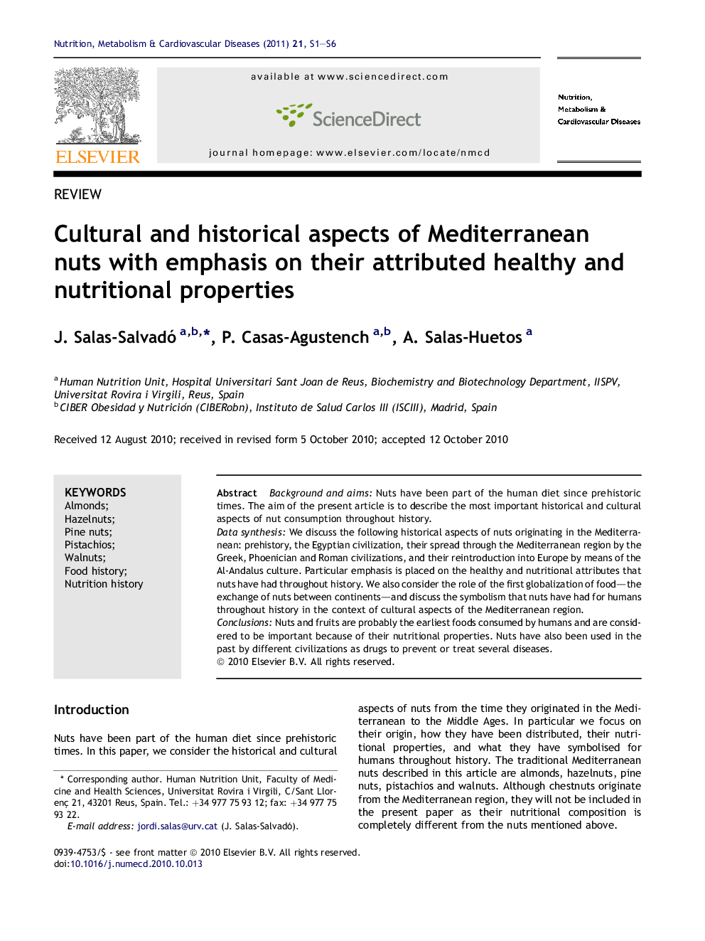 Cultural and historical aspects of Mediterranean nuts with emphasis on their attributed healthy and nutritional properties