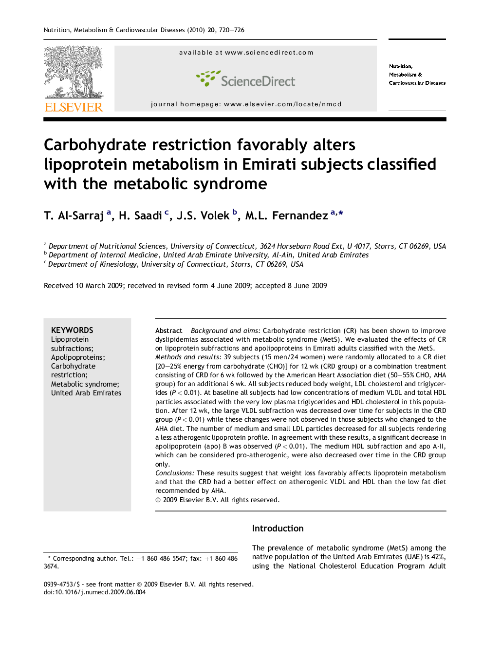 Carbohydrate restriction favorably alters lipoprotein metabolism in Emirati subjects classified with the metabolic syndrome