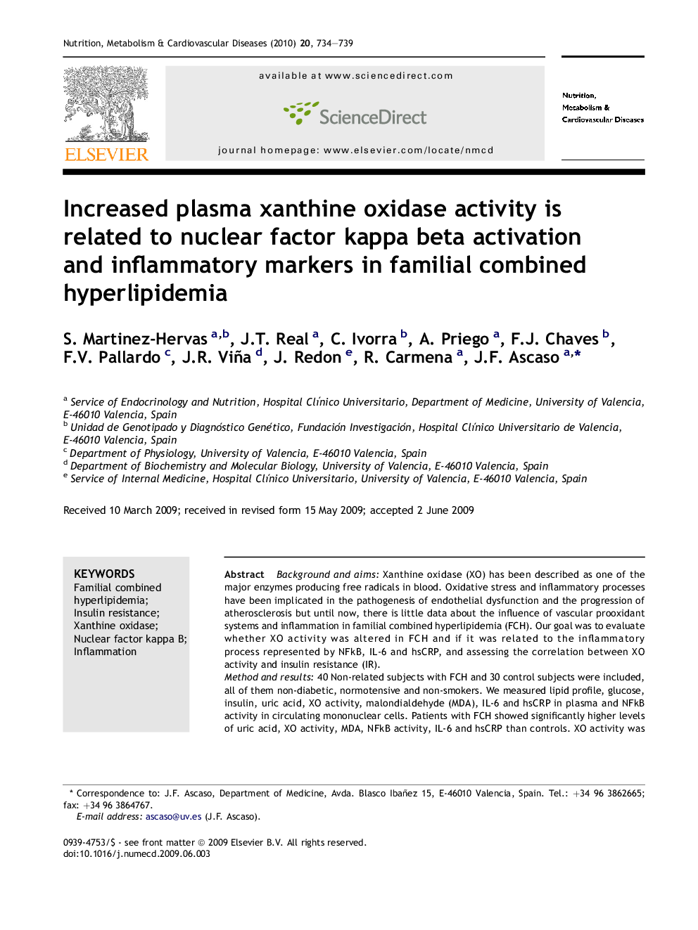 Increased plasma xanthine oxidase activity is related to nuclear factor kappa beta activation and inflammatory markers in familial combined hyperlipidemia