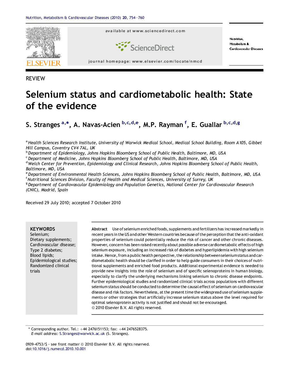 Selenium status and cardiometabolic health: State of the evidence