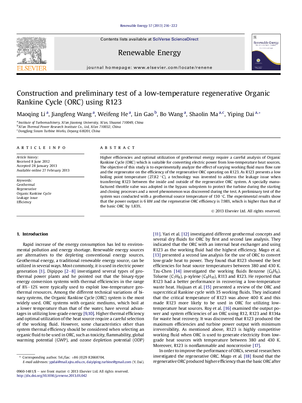 Construction and preliminary test of a low-temperature regenerative Organic Rankine Cycle (ORC) using R123