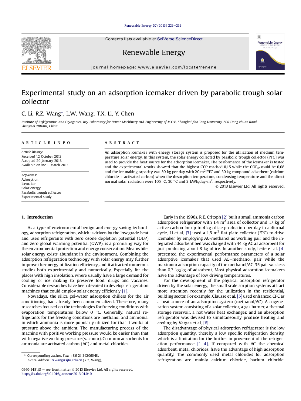 Experimental study on an adsorption icemaker driven by parabolic trough solar collector