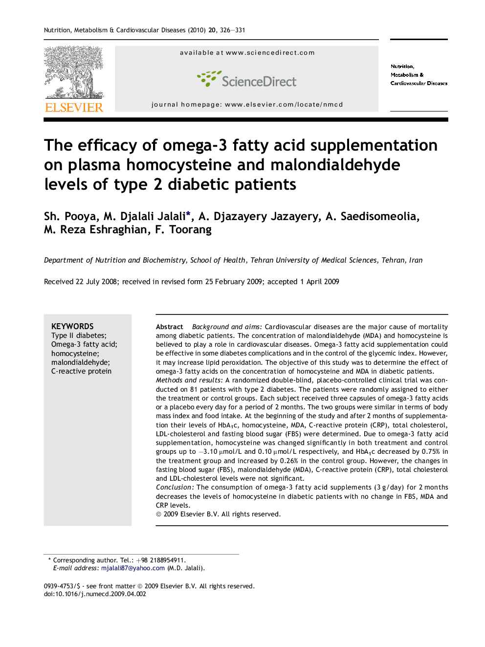 The efficacy of omega-3 fatty acid supplementation on plasma homocysteine and malondialdehyde levels of type 2 diabetic patients