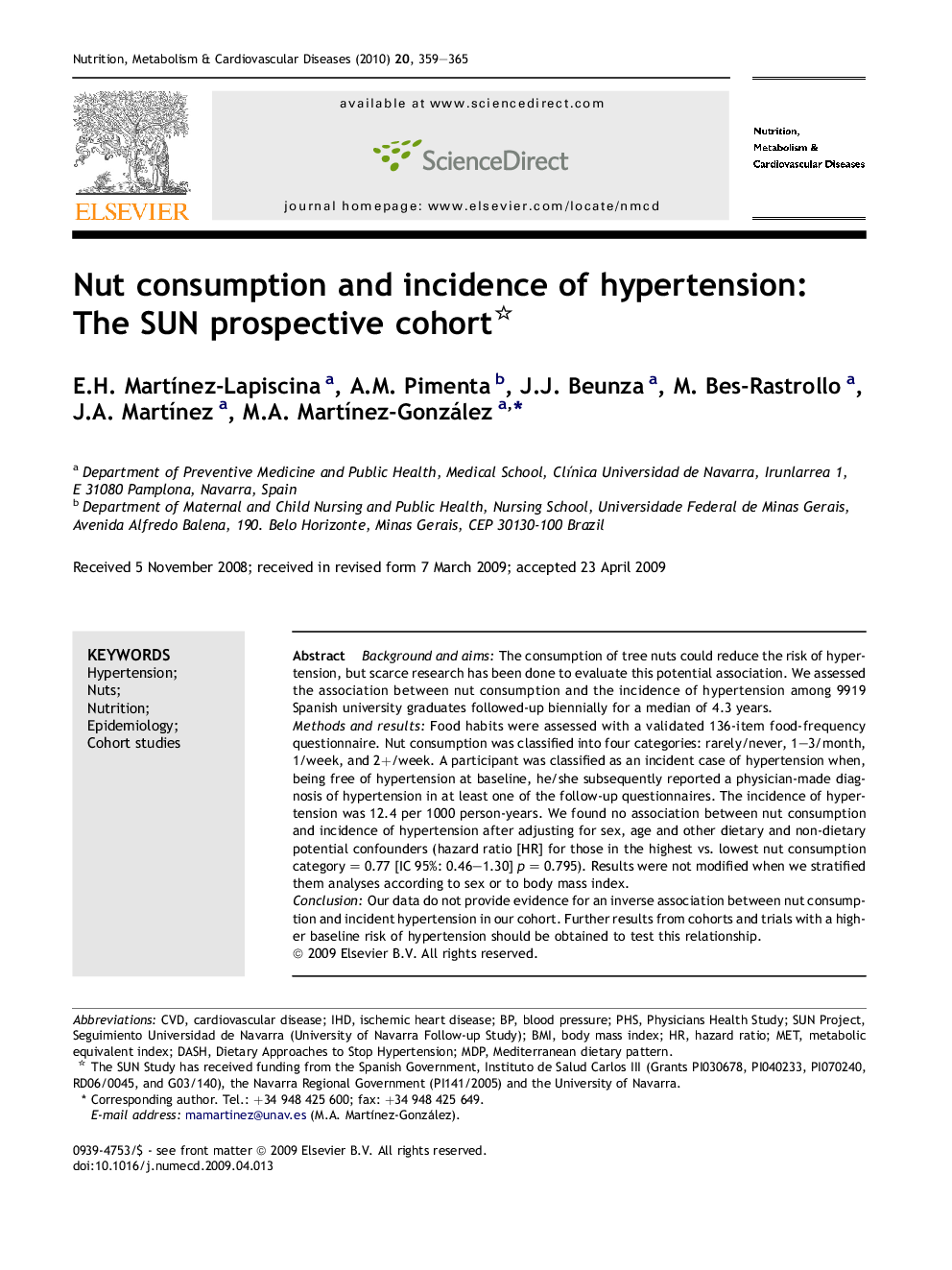 Nut consumption and incidence of hypertension: The SUN prospective cohort 