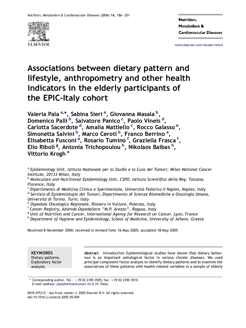 Associations between dietary pattern and lifestyle, anthropometry and other health indicators in the elderly participants of the EPIC-Italy cohort