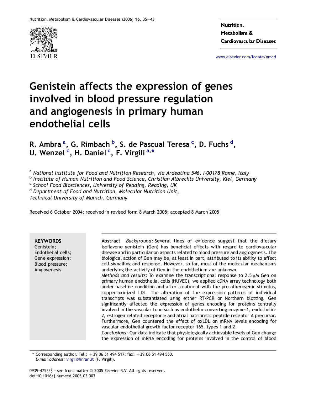 Genistein affects the expression of genes involved in blood pressure regulation and angiogenesis in primary human endothelial cells