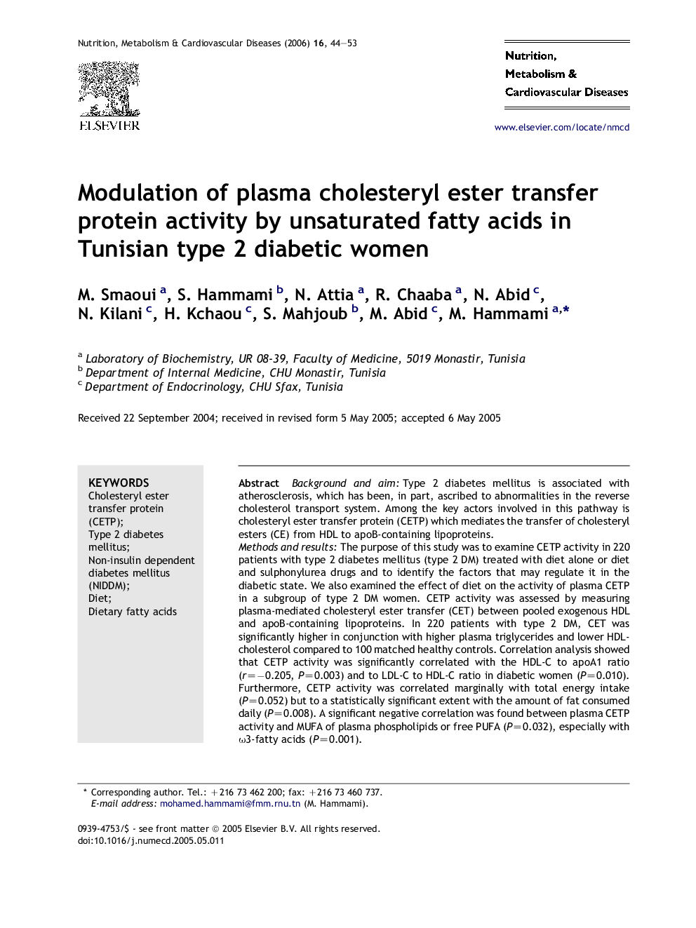Modulation of plasma cholesteryl ester transfer protein activity by unsaturated fatty acids in Tunisian type 2 diabetic women