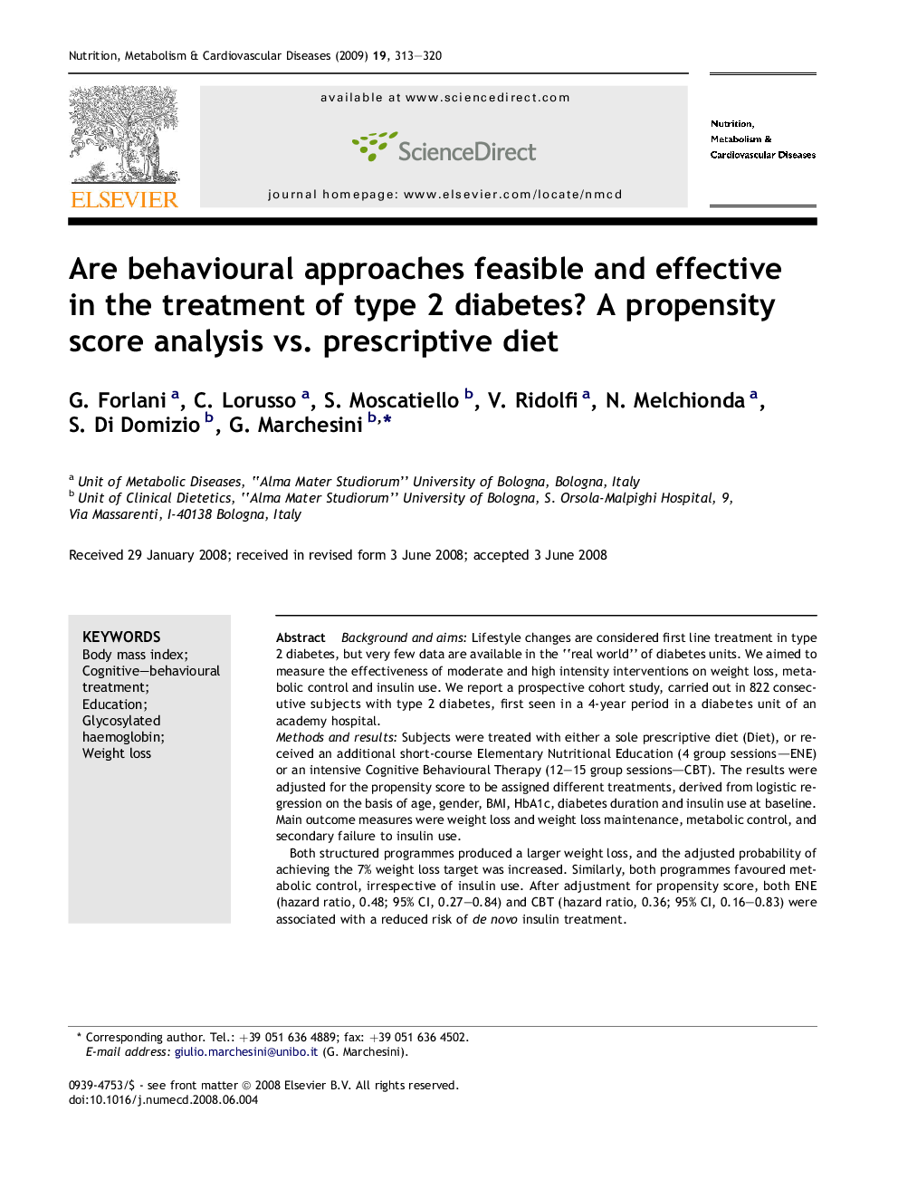 Are behavioural approaches feasible and effective in the treatment of type 2 diabetes? A propensity score analysis vs. prescriptive diet