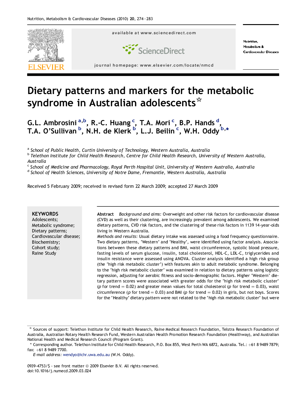 Dietary patterns and markers for the metabolic syndrome in Australian adolescents 