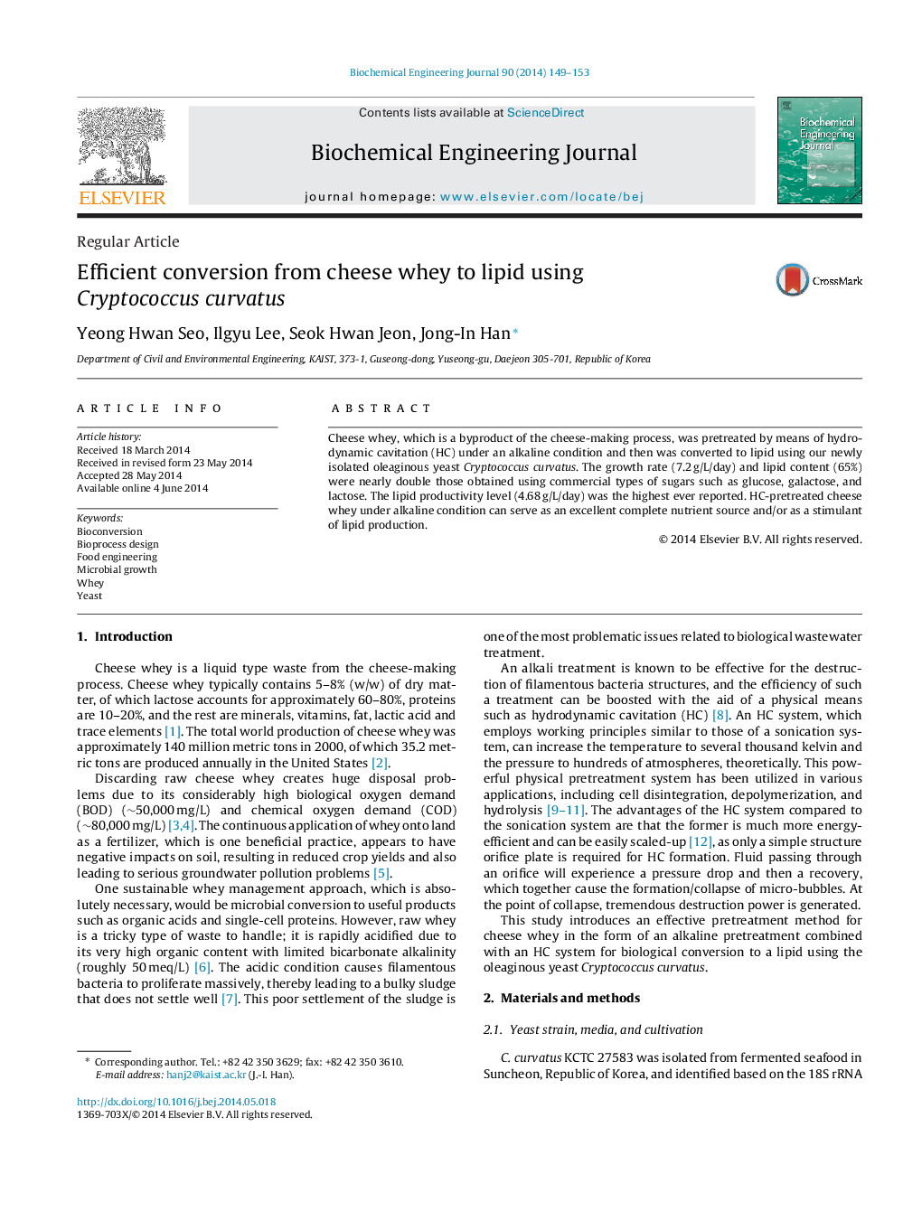 Efficient conversion from cheese whey to lipid using Cryptococcus curvatus