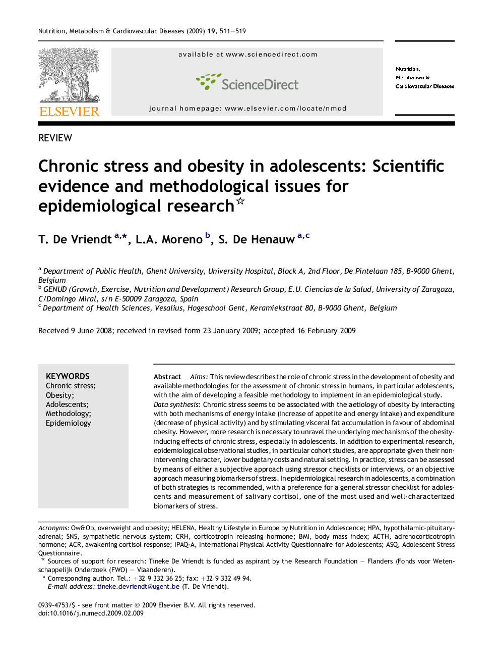 Chronic stress and obesity in adolescents: Scientific evidence and methodological issues for epidemiological research 