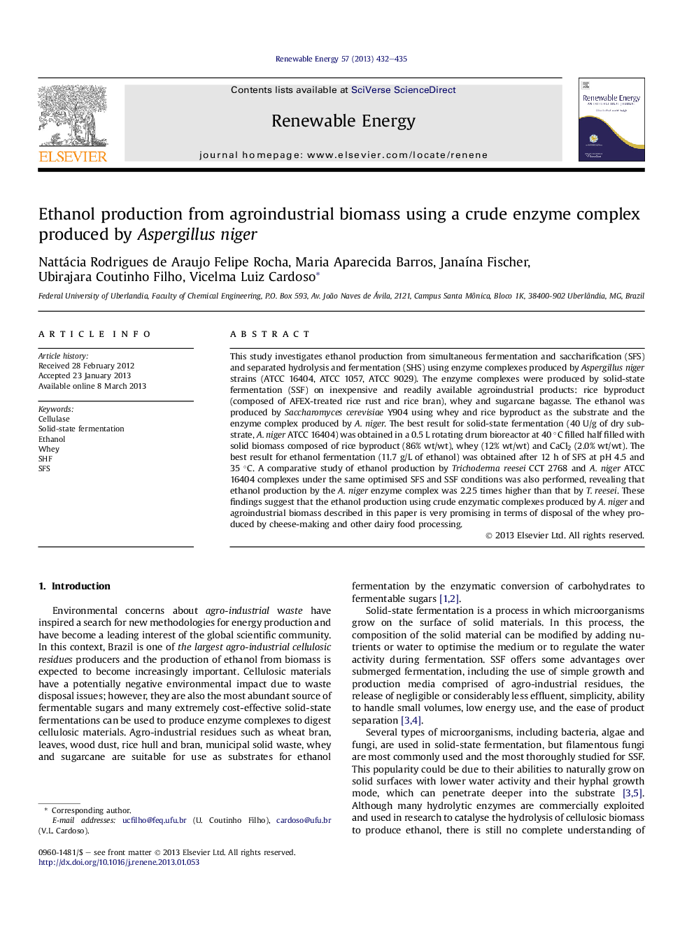 Ethanol production from agroindustrial biomass using a crude enzyme complex produced by Aspergillus niger