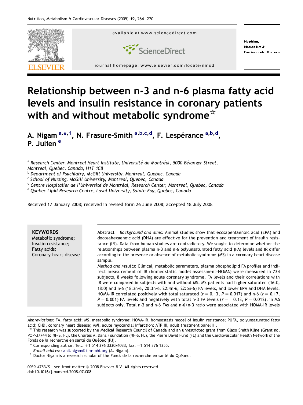 Relationship between n-3 and n-6 plasma fatty acid levels and insulin resistance in coronary patients with and without metabolic syndrome 