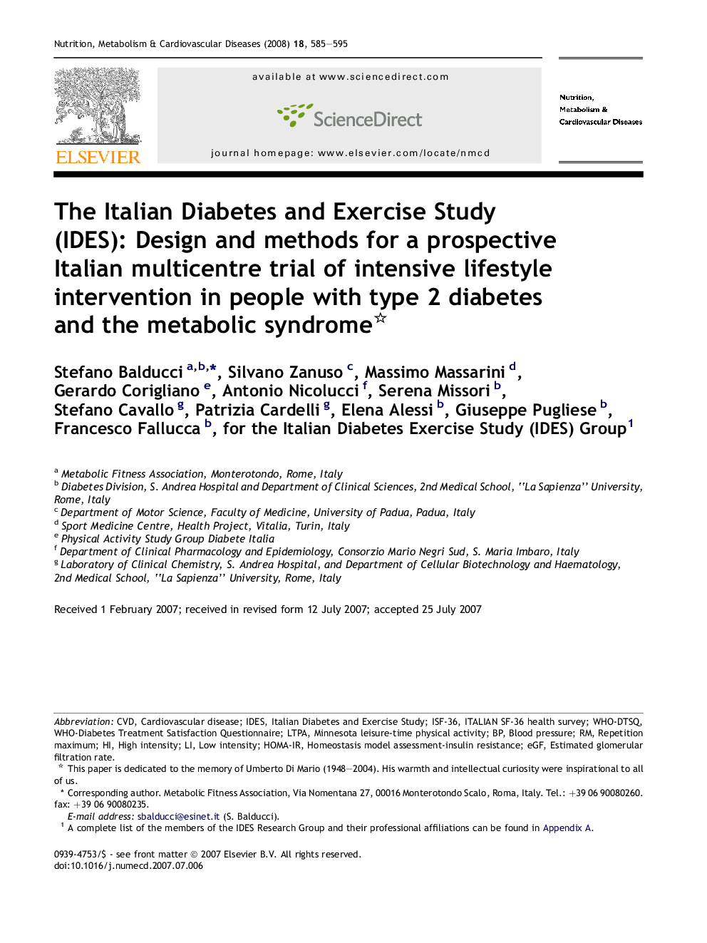 The Italian Diabetes and Exercise Study (IDES): Design and methods for a prospective Italian multicentre trial of intensive lifestyle intervention in people with type 2 diabetes and the metabolic syndrome 