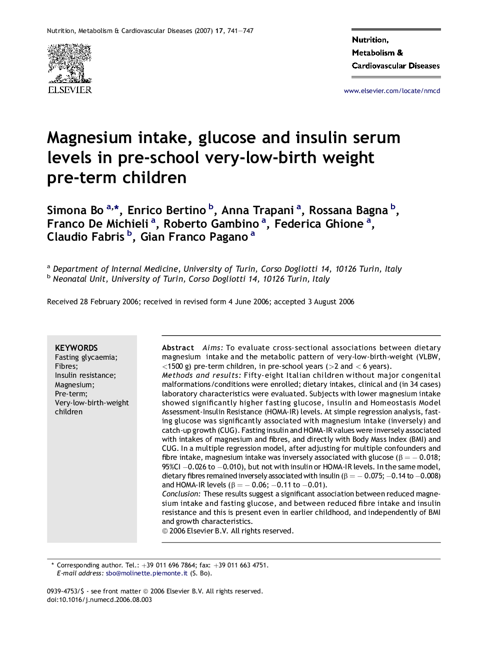 Magnesium intake, glucose and insulin serum levels in pre-school very-low-birth weight pre-term children