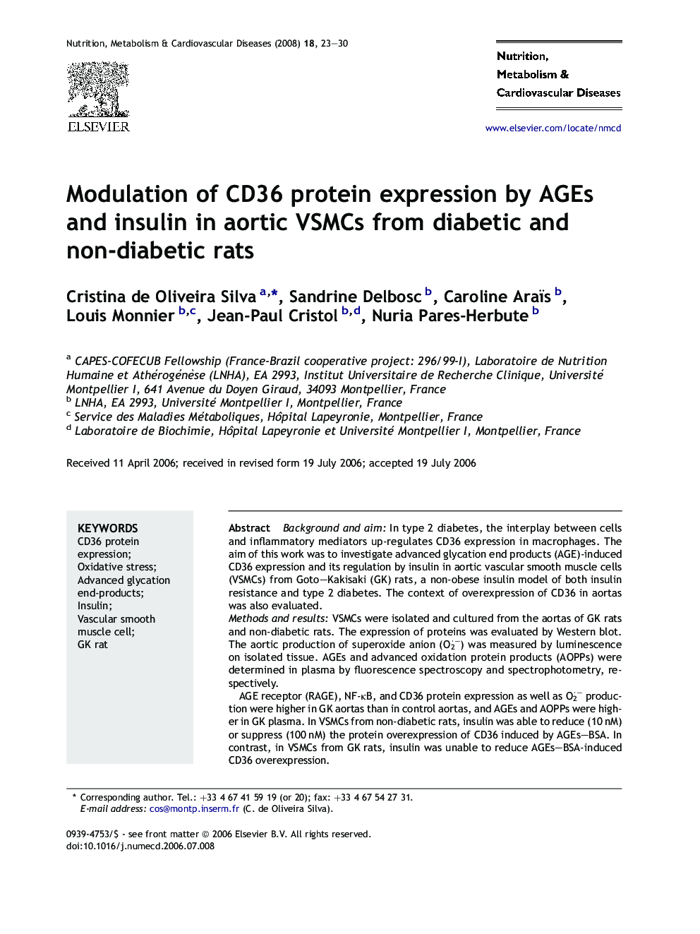 Modulation of CD36 protein expression by AGEs and insulin in aortic VSMCs from diabetic and non-diabetic rats