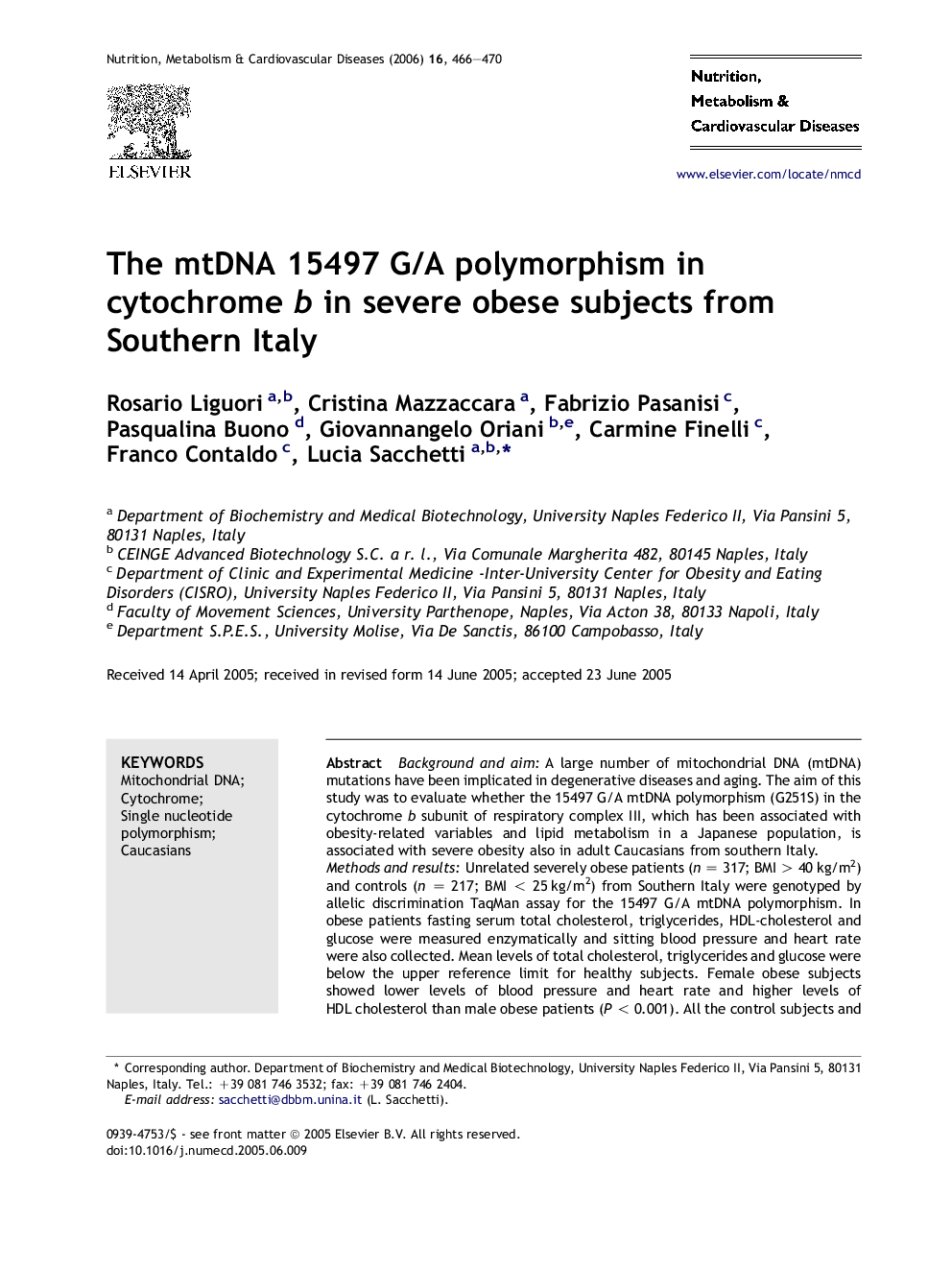 The mtDNA 15497 G/A polymorphism in cytochrome b in severe obese subjects from Southern Italy