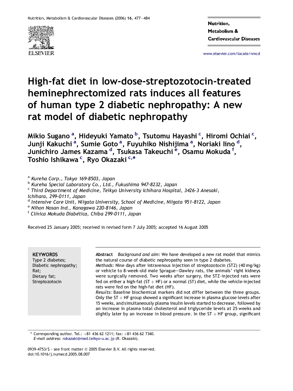 High-fat diet in low-dose-streptozotocin-treated heminephrectomized rats induces all features of human type 2 diabetic nephropathy: A new rat model of diabetic nephropathy