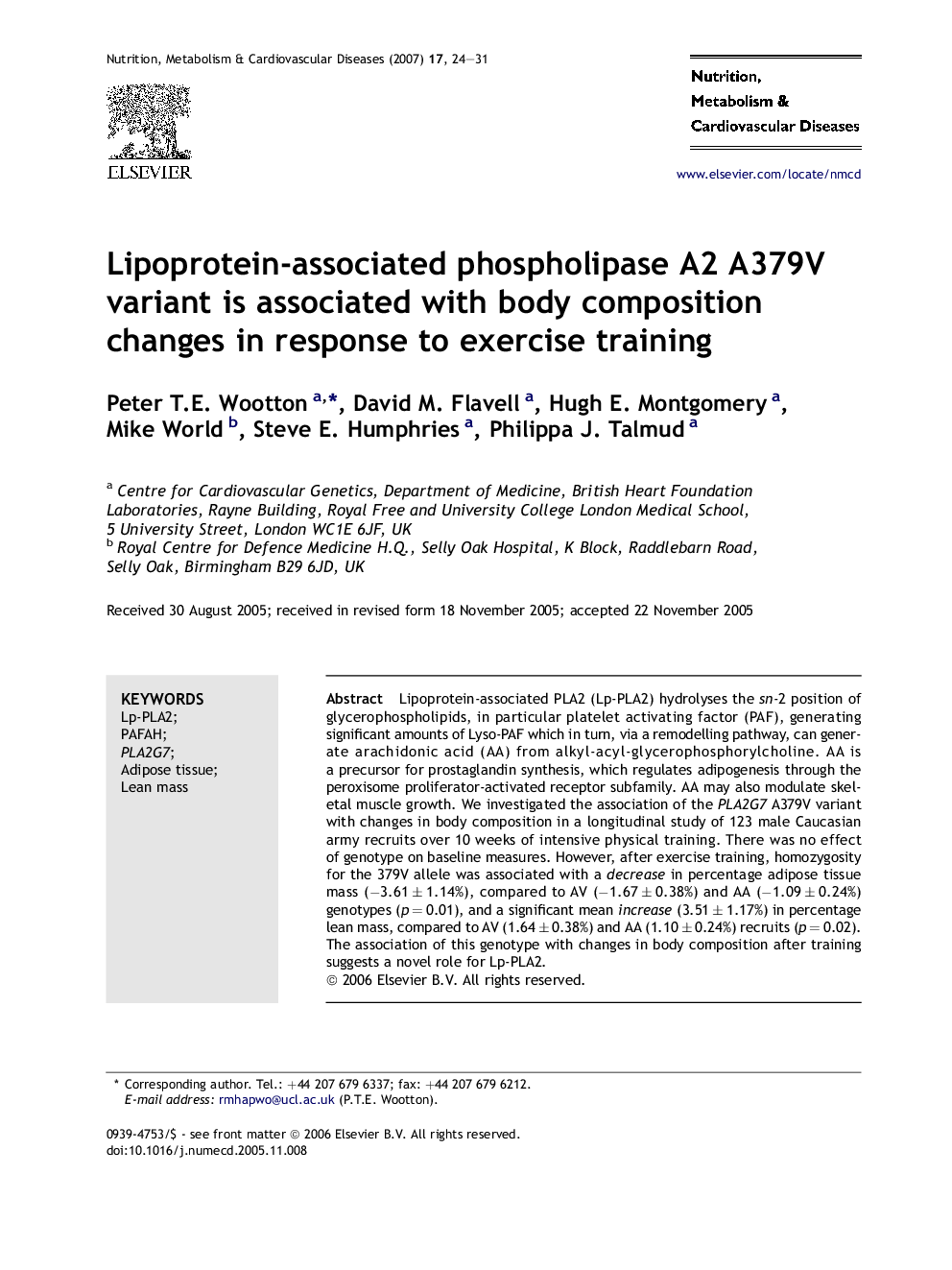Lipoprotein-associated phospholipase A2 A379V variant is associated with body composition changes in response to exercise training